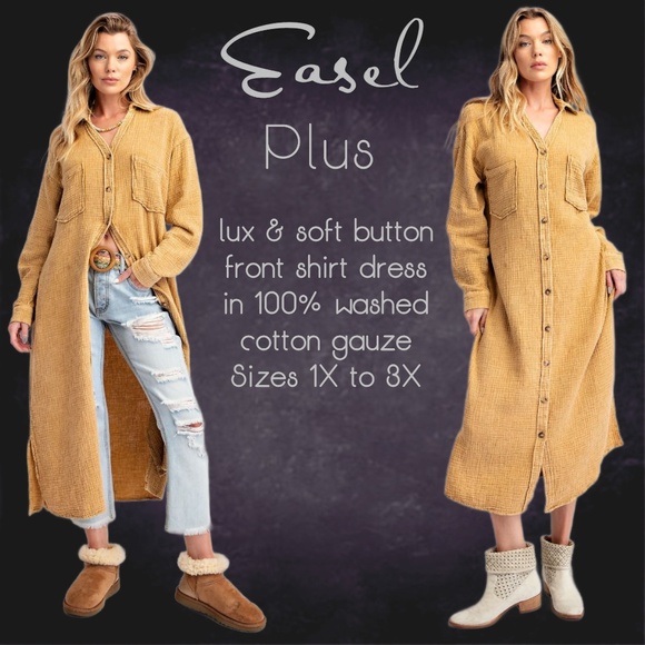 EASEL “Irresistible” Lux Mineral Washed Buttoned Relaxed Fit Shirt Dress Pockets - Picture 1 of 16